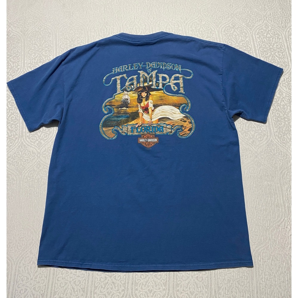 Harley Davidson Tampa Florida Pirate Pinup Blue Graphic T-Shirt 2XL‎